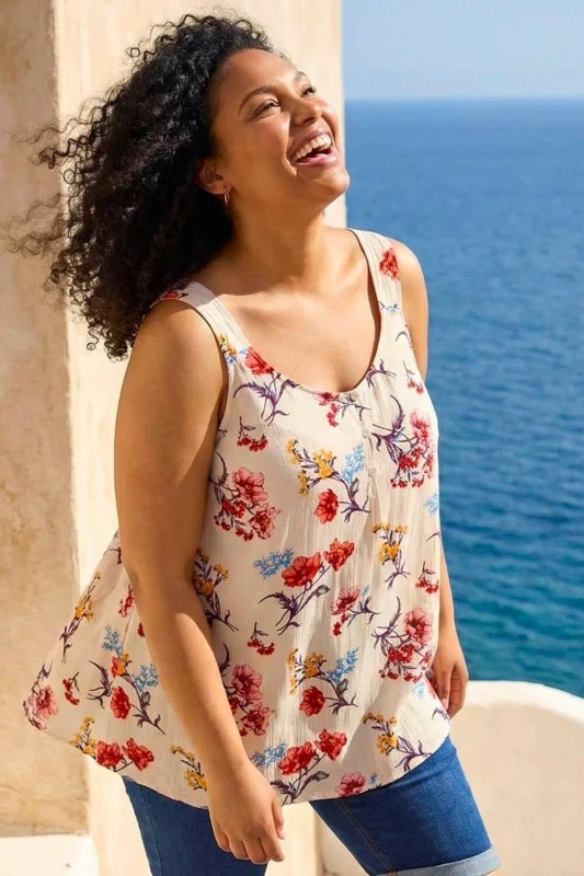 Image of Roman Womens Curve Ditsy Floral V-Neck Top in Beige Size: 16 Beige Female 16