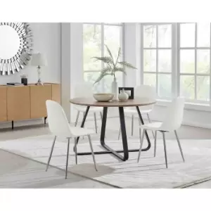 Image of Furniture Box Santorini Brown Round Dining Table and 4 White Corona Silver Leg Chairs