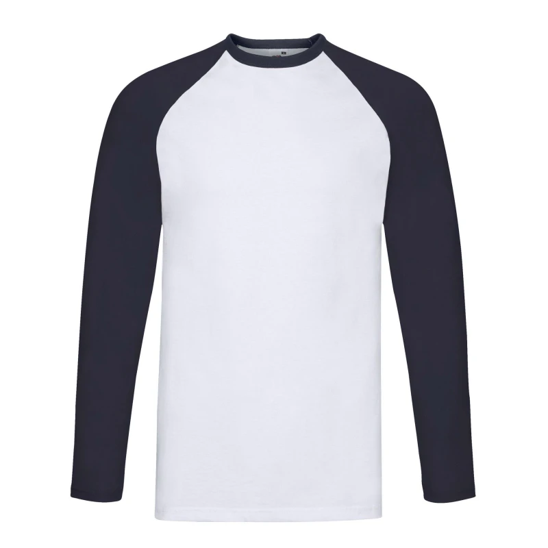 Image of Fruit Of The Loom Fruit of the Loom Men Contrast Long-Sleeved Baseball T-Shirt in Navy Size: Small Navy S Male 5063425956586