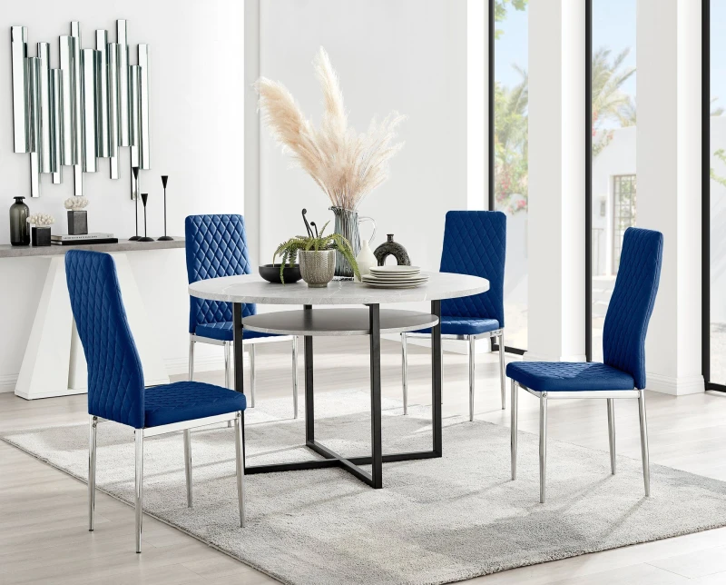 Image of FurnitureboxUK FurnitureboxUK Adley Grey Concrete Effect Round Dining Table & 4 Velvet Milan Chairs in Navy Navy One Size Unisex 5056657141912