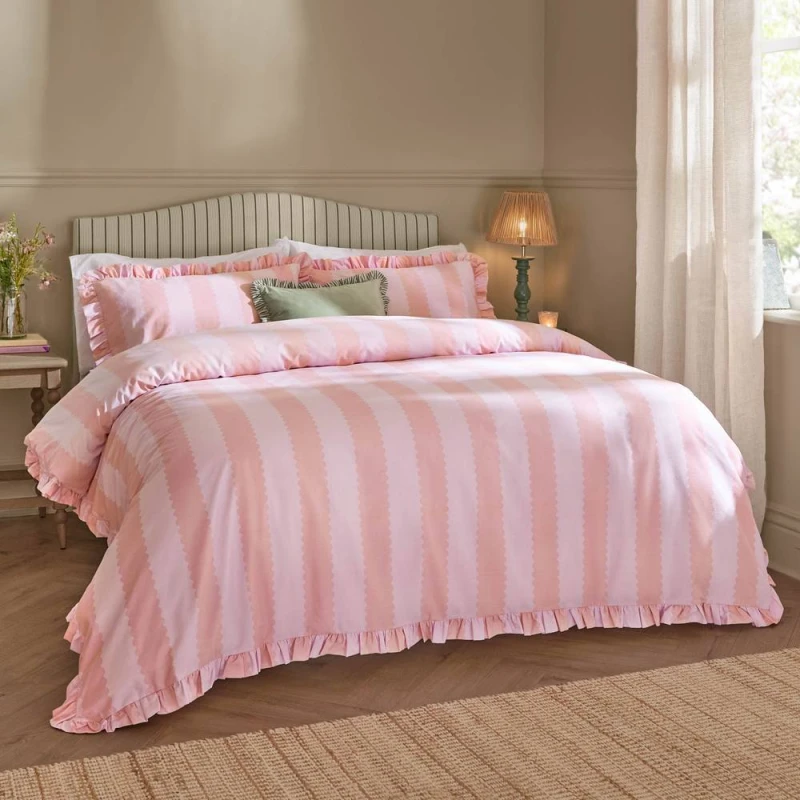 Image of Wylder Birdie Stripe Ruffle Duvet Cover Set in Raspberry Size: King Raspberry Unisex King