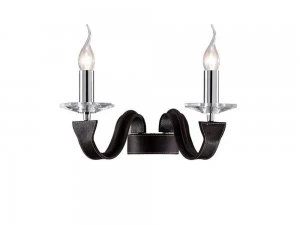 Image of Wall Lamp 2 Light Polished Chrome, Dark Brown Faux Leather, Crystal