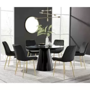 Image of Furniture Box Palma Black Semi Gloss Round Dining Table and 6 Black Pesaro Gold Leg Chairs