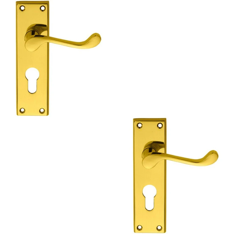 Image of Loops 2x PAIR Victorian Scroll Lever on Euro Lock Backplate 150 x 43mm Polished Brass Metallics