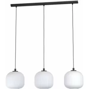 Image of Pendant Ceiling 3 Bulb Light Colour Black Shade White Ridged Glass E27 3x40W