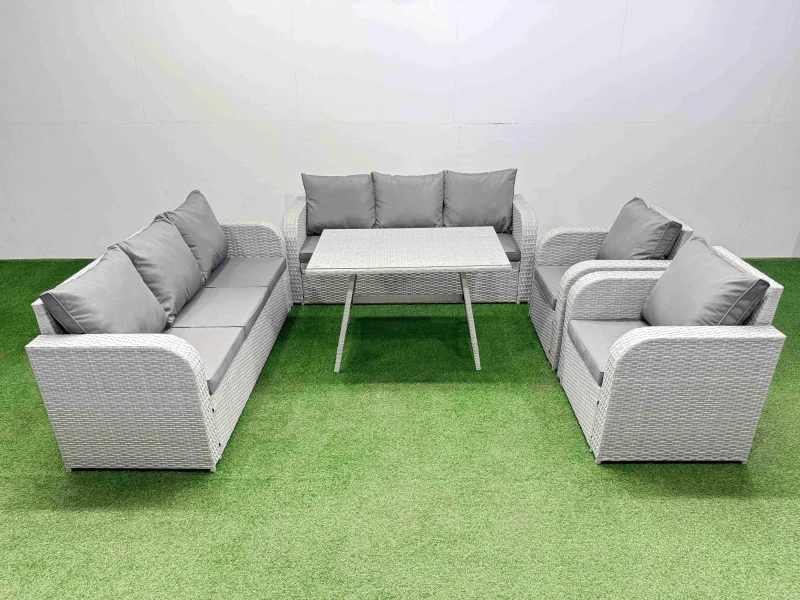 Image of Fimous Rattan High Back Lounge Sofa Set with Reclining Chairs Light Grey Light Grey Unisex