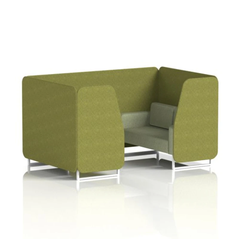 Image of Brixworth 4 Seater Office Booth with Front Panel - White Legs in Rivet Fabric - Olive Panels and Burnish Sofa