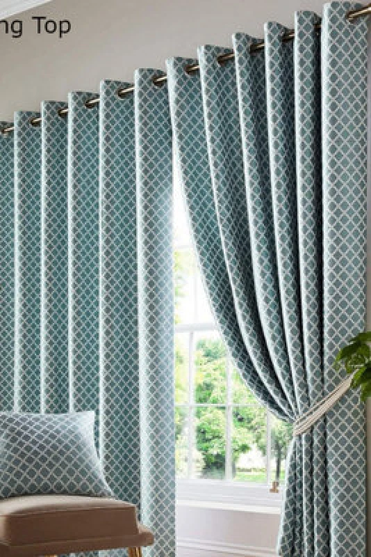 Image of ALAN SYMONDS Jacquard Curtains Eyelet Ring Top Fully Lined, Polyester, Teal, 46 x 54 - Alan Symonds 5039373074368
