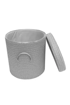 Image of Woven Round Laundry Basket Bin Lined Lid PVC Handle Small 25 x 27 cm