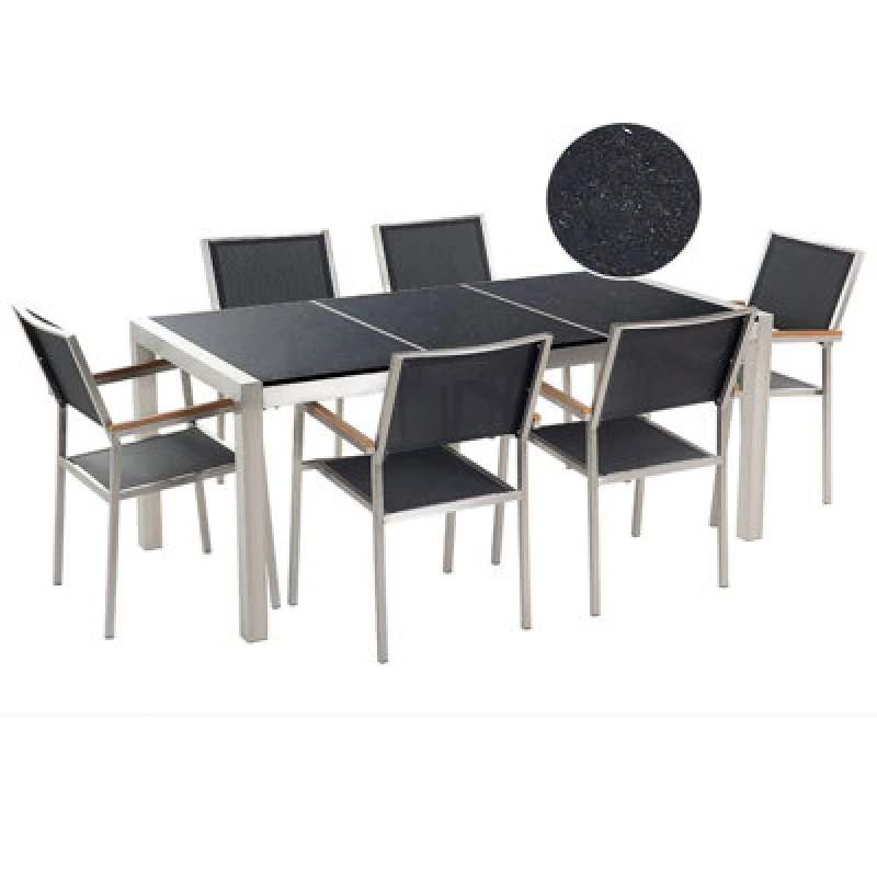 Image of BELIANI Garden Dining Set 6 Seater GROSSETO Triple Plate Granite Polished Black 16727