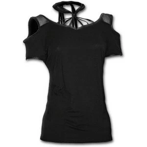 Image of Gothic Elegance Tassle Neck Womens Large Short Sleeve Top - Black