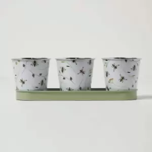 Image of Homescapes - Set of 3 Green and White Indoor Plant Pots with Floral Bee Design - White, Green