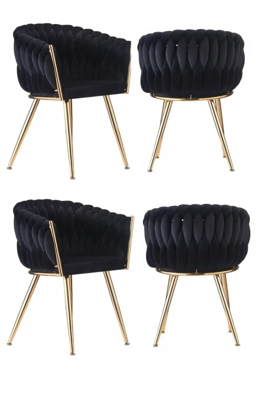 Image of Life Interiors Set of 4 Roma Knot Velvet Armchairs with Gold Metal Legs, Modern Tufted Design for Living Room in Black Unisex