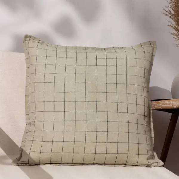 Image of Linen Grid Check Cushion Stone / 50 x 50cm / Polyester Filled