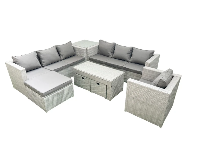 Image of Fimous Wicker PE Rattan Sofa Garden Furniture Set with Oblong Coffee Table Armchair 3 Footstools Side Table Light Grey Mixed Light Grey