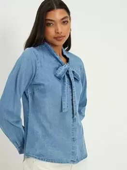 Image of Dorothy Perkins Denim Pussybow Blouse - Mid Wash, Blue, Size 12, Women