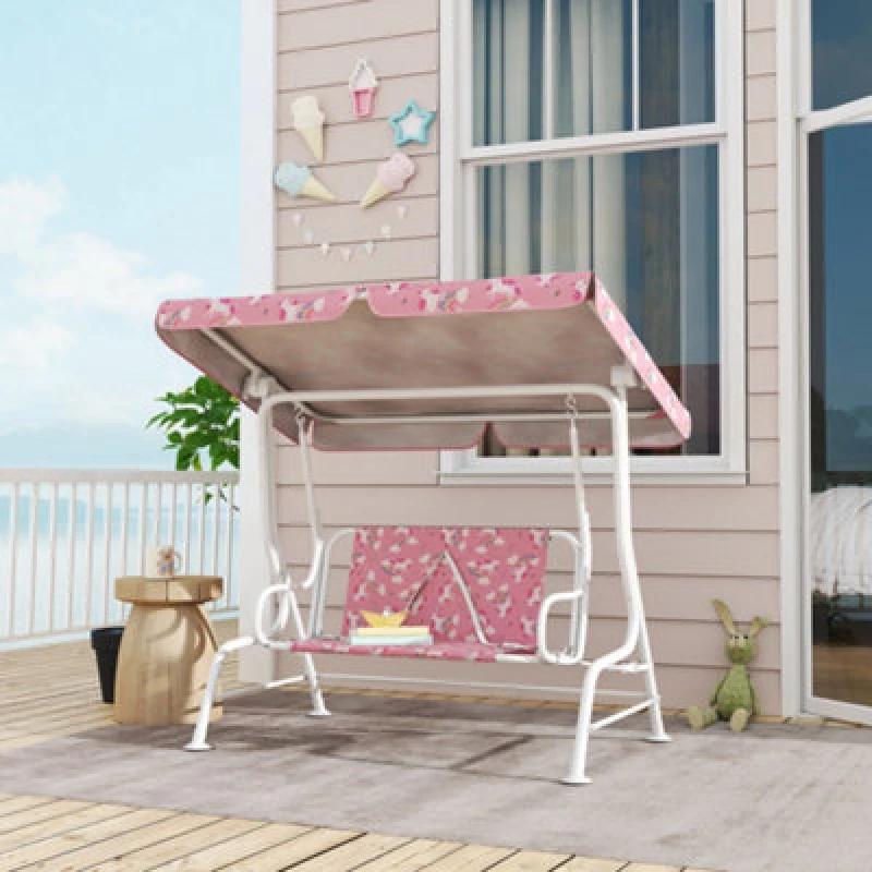 Image of Aiyaplay Kids 2-Seater Porch Swing With Seat Belts, Adjustable Canopy Pink