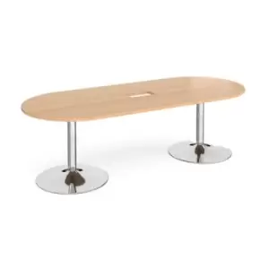 Image of Trumpet base radial end boardroom table 2400mm x 1000mm with central cutout 272mm x 132mm - chrome base and beech top
