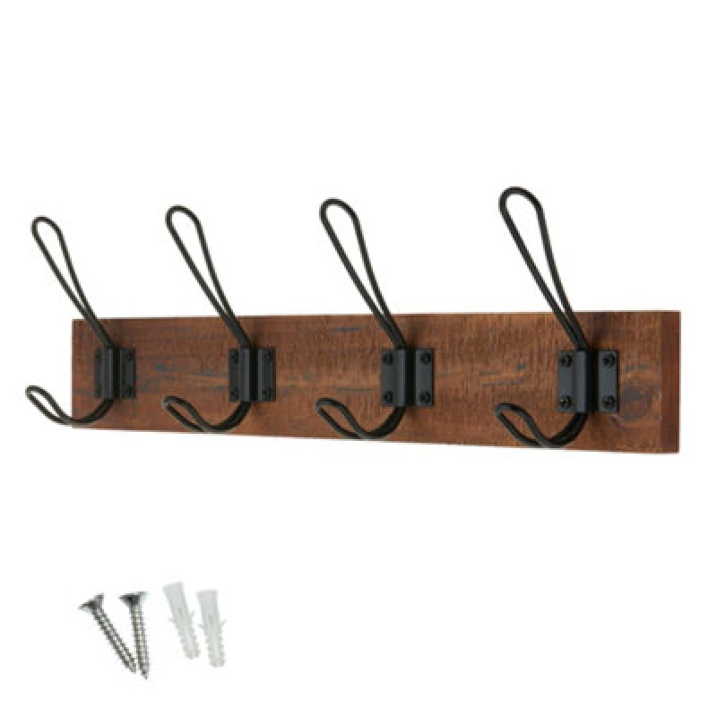 Image of Keypak Rustic Wall Mounted Coat Rack, Industrial 4 Double-Wire Coat Hooks On 45Cm Wooden Base, Fixings Included