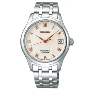 Image of Seiko Presage Japanese Zen Garden 'Sakura Daytime' Automatic Beige Dial Silver Stainless Steel Ladies Watch SRPF47J1