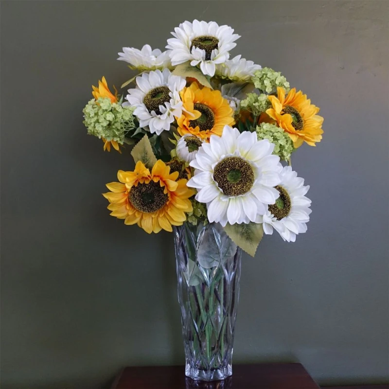Image of Leaf 80cm White and Yellow Sunflower Mix Glass Vase