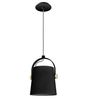 Image of Ceiling Pendant with Black Shade 1 Light E27, Matt Black, Beech with Black Shade