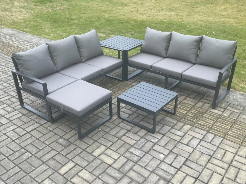Image of Fimous Aluminium 5 Pieces Garden Furniture Sofa Set with Cushions 7 Seater Outdoor Patio Set with Square Coffee Table Big Footstool Side Table Dark Gr