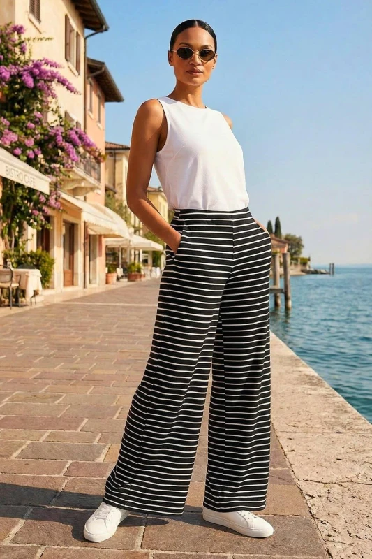 Image of Dusk Womens Stripe Wide Leg Stretch Trousers in Black Size: 14 Black Female 14