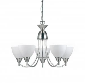 Image of 5 Light Multi Arm Ceiling Pendant Satin Chrome, Matt Opal Glass, E14
