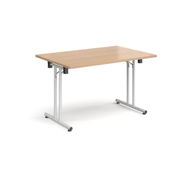 Image of Rectangular Folding Leg Table with White Legs and Straight Foot Rails - 1200x800mm - Beech