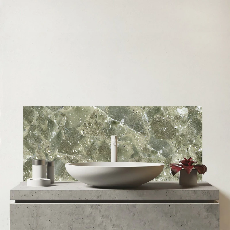 Image of Warren Reed - Designer Sage Green Quartz Effect Glass Bathroom Splashback Green Unisex
