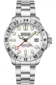 Image of Depth Charge 42mm Stainless Steel White Dial Utilitarian Watch, Japanese Automatic GMT , Fixed Stainless Steel Bezel, Sapphire Glass, 200m Water Resis