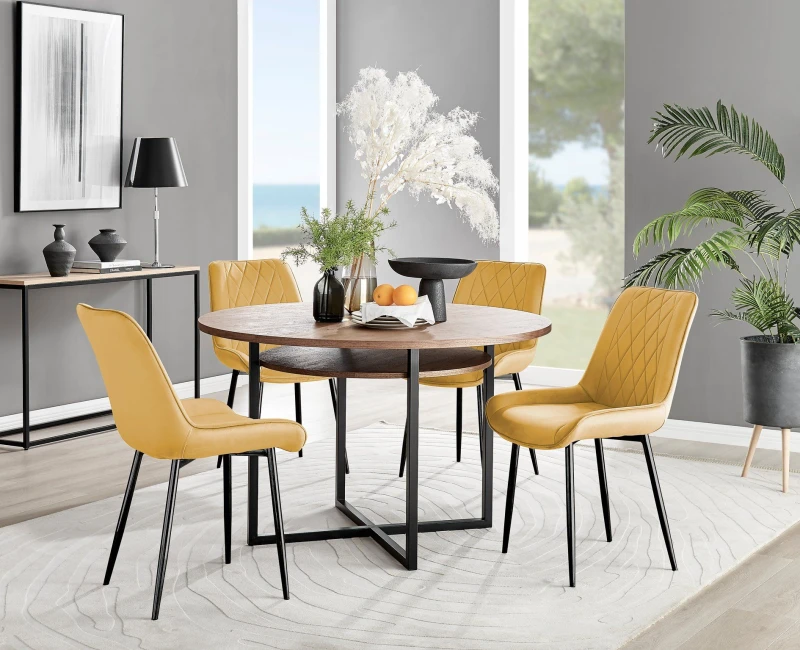 Image of FurnitureboxUK FurnitureboxUK Adley Brown Wood Storage Dining Table & 4 Pesaro Black Leg Chairs in Mustard Mustard One Size Unisex 5056657127466