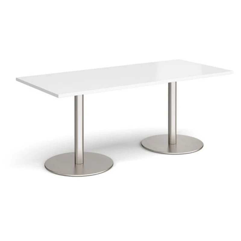 Image of Monza Rectangular Cafe and Bistro Dining Table with Flat Round Brushed Steel Base - Top 1800mm x 800mm - White