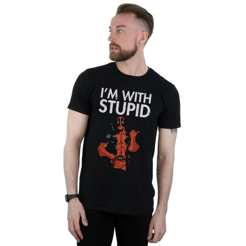 Image of Marvel Marvel Men Deadpool I'm With Stupid T-Shirt in Black Size: Small Black S Male 5059308630179