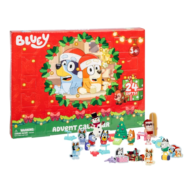 Image of Blueys Adventskalender entdecke hinter den 24 Turchen die 4 Mini-Figuren Bluey Bingo Muffin und Socks 12 Zubehorteile 3 Aufsteller aus Papier und