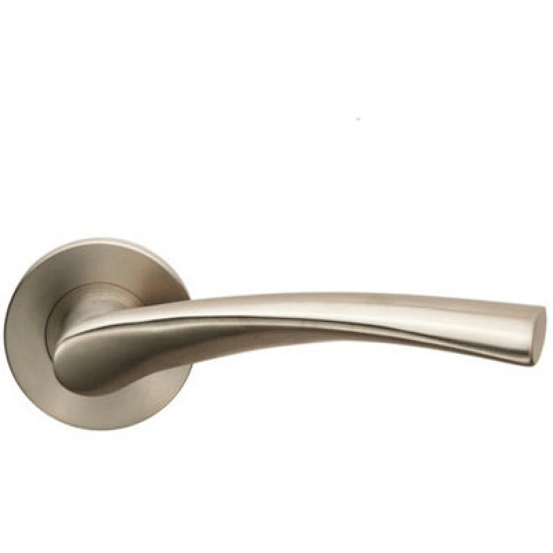 Image of Loops PAIR Twisted Angular Design Lever on Slim Round Rose Concealed Fix Satin Steel Metallics