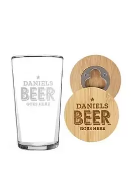 Image of The Personalised Memento Company Personalised 'Beer Goes Here' Wooden Bottle Opener Coaster And Pint Glass