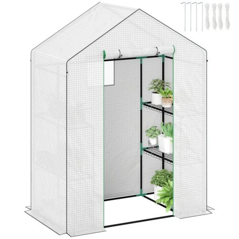 Image of Outsunny Walk-in Greenhouse with 4 Shelves, Outdoor Small Greenhouse, White White
