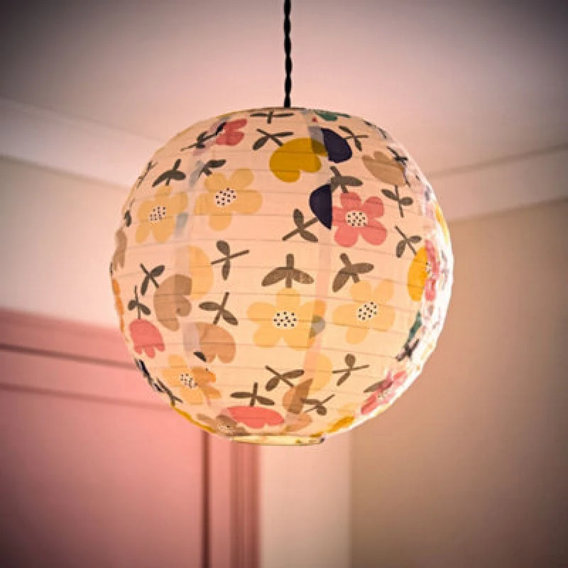 Image of ValueLights Annie Bold Floral Natural Fabric Globe Ball Ceiling Lamp Shade with LED Bulb Multi