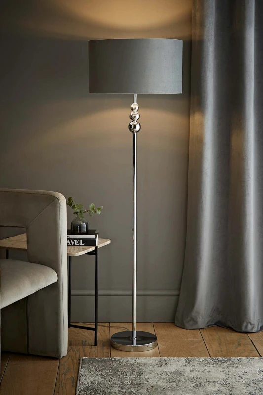 Image of ValueLights ValueLights Marissa Chrome Stacked Ball Floor Lamp with Grey Velvet with Chrome Inner Shade Grey One Size Unisex 5059406060069