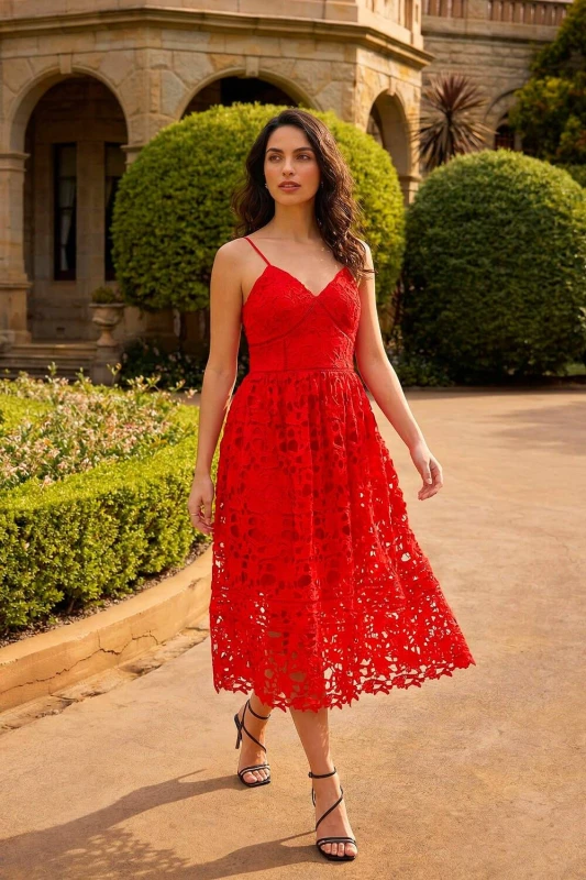 Image of Dusk Womens Crochet V-Neck Cami Midi Dress in Red Size: 14 Red Female 14