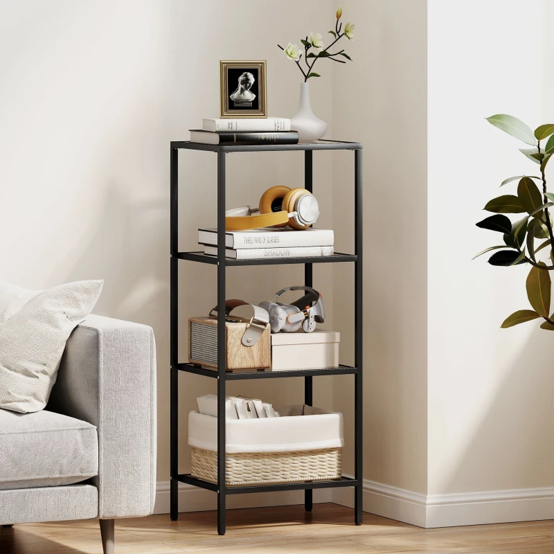 Image of HOMCOM 4-Tier Shelving Unit Modern Glass Shelf Bookshelf for Home Black 838-564V00BK