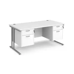 Image of Office Desk Rectangular Desk 1600mm With Double Pedestal White Top With Silver Frame 800mm Depth Maestro 25 MC16P22SWH