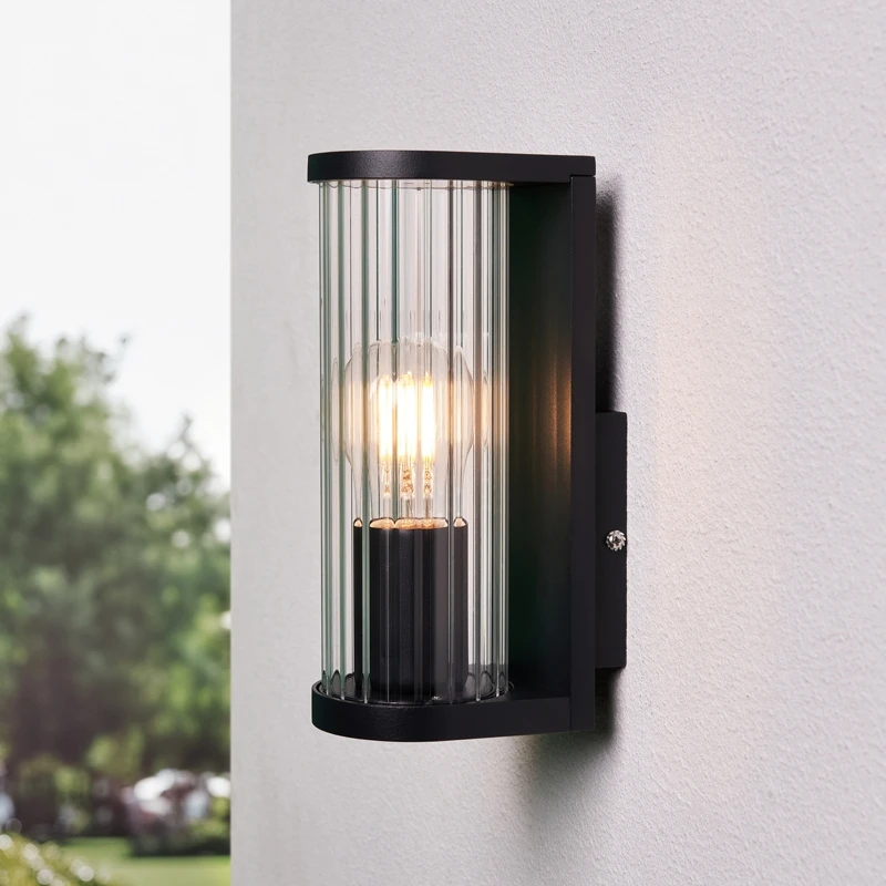Image of Zink Zink ASH IP44 Black Ribbed Glass Outdoor Wall Light