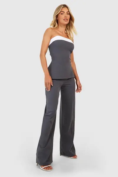 Image of boohoo Crepe Wide Leg Trousers Charcoal
