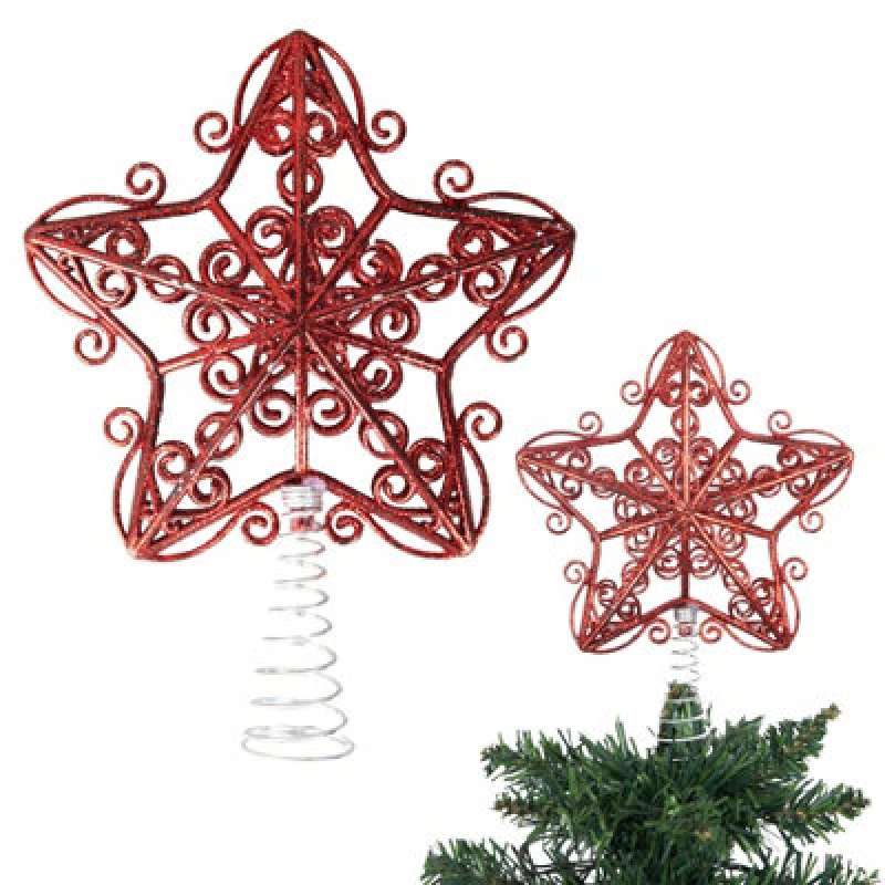 Image of Shatchi Christmas Glitter Star Tree Topper - Sparkling Star Decoration for Xmas Tree Red