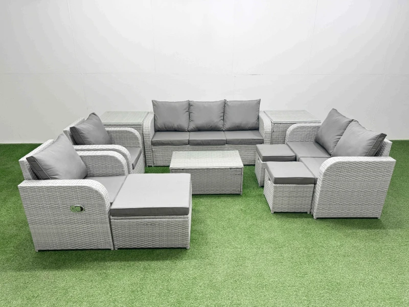 Image of Fimous PE Rattan Garden Furniture Set Adjustable Chair Sofa Double Love Seat 2 Seater Sofa Lounge Set Oblong Coffee Table 3 Stools 2 Side Table Light
