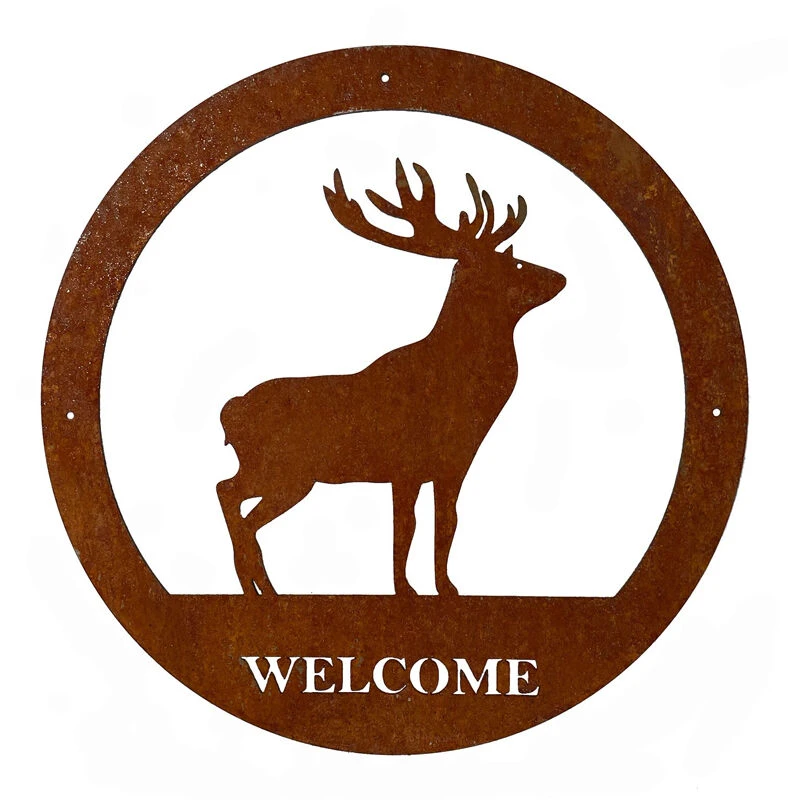 Image of Stag Small Wall Art - With Text - Steel - W29.5 x H29.5cm - Bare Metal/Ready to Rust PoppyStagWlcmsml295MmWA25R