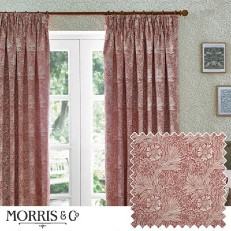 Image of Morris & Co Morris & Co Marigold Jacquard Floral Room Darkening Pencil Pleat Curtains in Red Size: 229cm width x 183cm drop Red 229cm width x 183cm